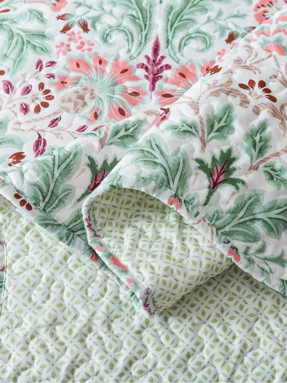 NEW Anthro Green & Pink Floral Reversible Boho Queen King Bedding Quilt Sham Set - Picture 7 of 10
